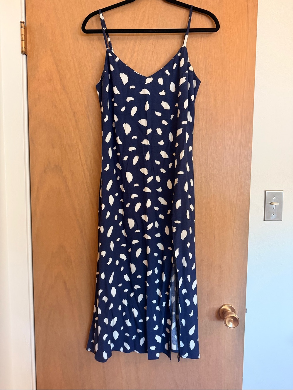 Reformation Navy and White Spotted Midi Slip Dress